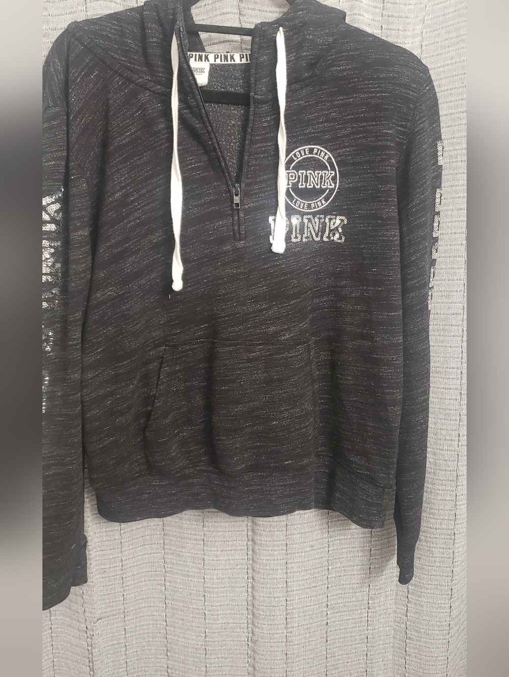 PINK Victoria's Secret Charcoal Gray Hoodie w/Zipper. Sequinned Words. Size L
